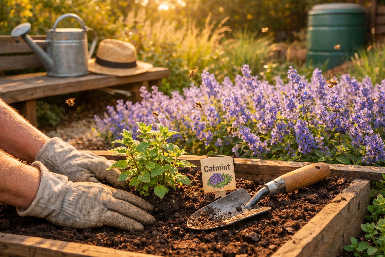 Pessoa a plantar hortelã-das-gatas num canteiro com flores lilases e ferramentas de jardinagem ao sol.