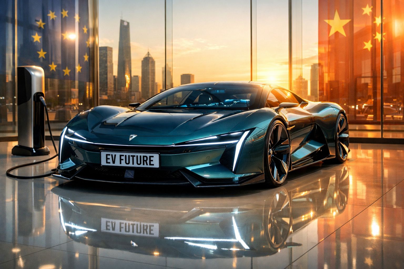 Carro elétrico desportivo futurista estacionado junto a estação de carregamento em ambiente urbano ao pôr do sol.