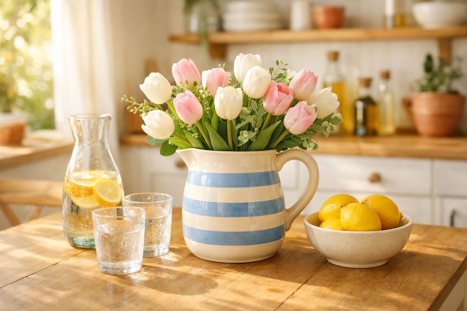 Jarro às riscas com tulipas brancas e cor-de-rosa, jarro com limonada e tigela com limões numa cozinha iluminada.