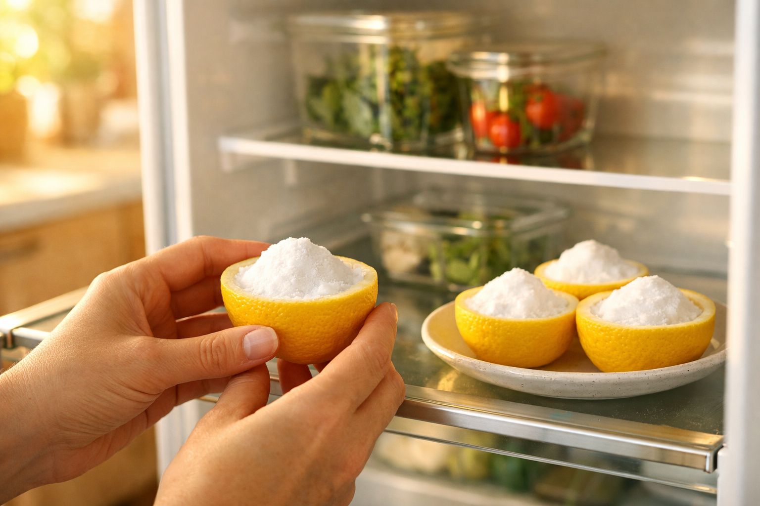 Mãos a colocar metade de limão com sal dentro do frigorífico, em prato com outras metades de limão e sal.