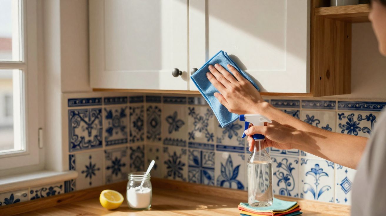 Pessoa a limpar os armários de cozinha brancos com um pano azul e spray, em cozinha com azulejos tradicionais.