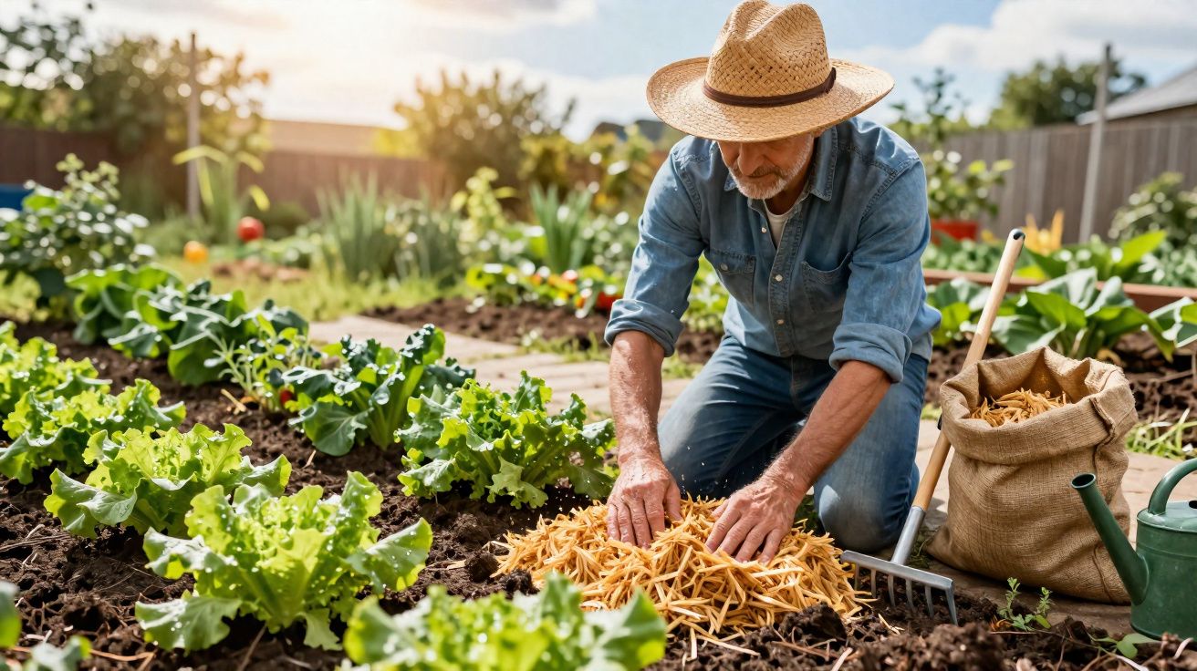 Homem idoso com chapéu de palha a fazer jardinagem num canteiro com plantas verdes e palha.