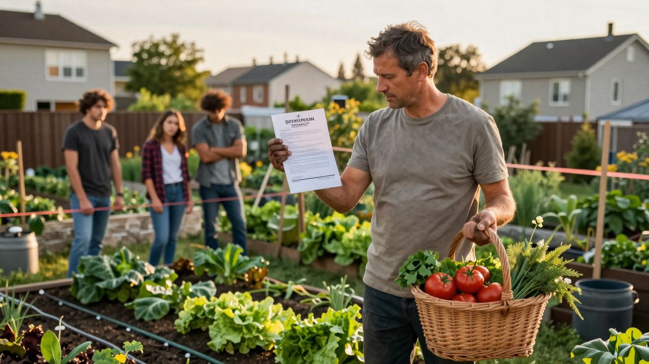 Homem num jardim com cesto de legumes olha para documento de despejo, jovens ao fundo observam preocupados.