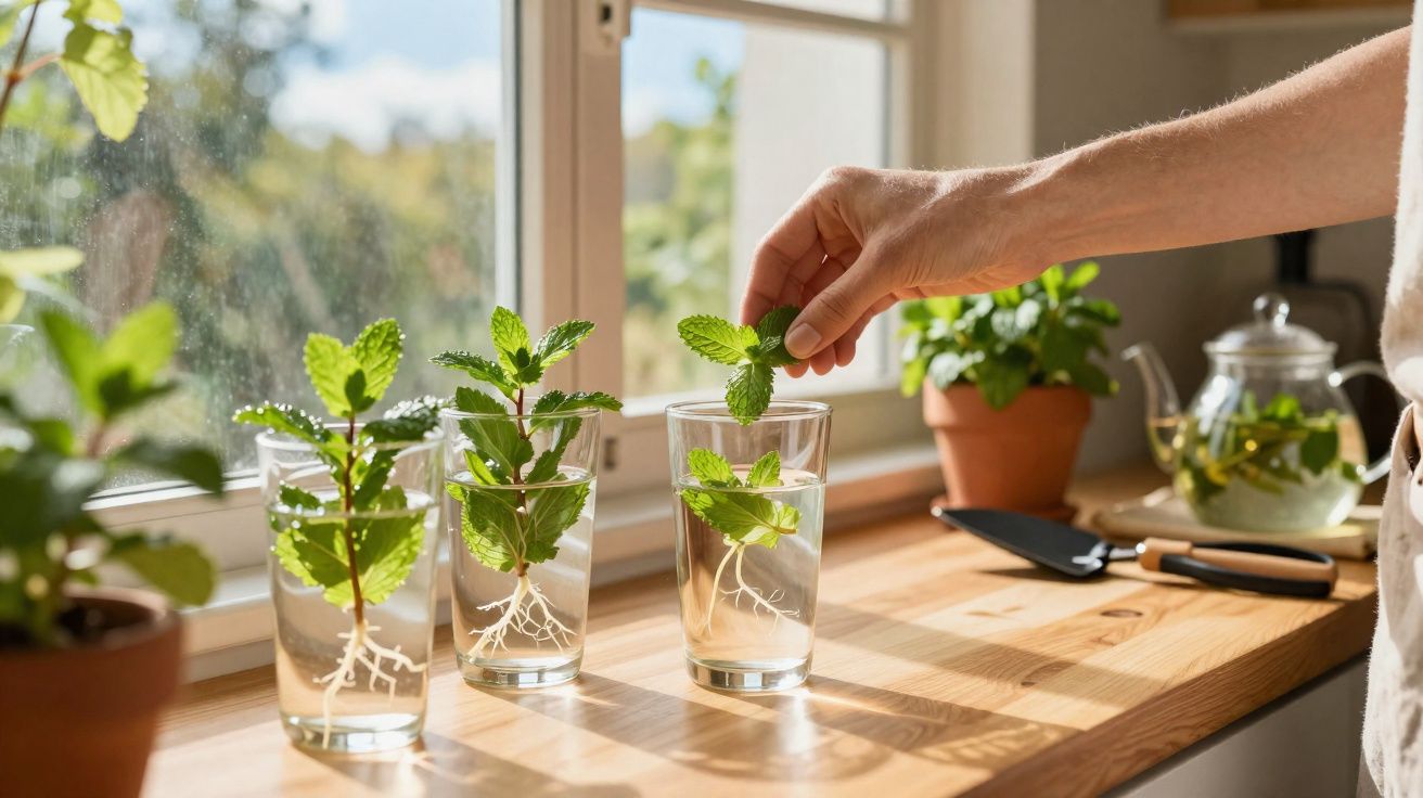 Mãos a colocar ramo de menta em copo de água com raízes em bancada junto a janela iluminada.