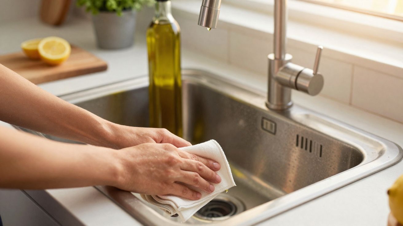 Mãos a secar uma torneira de cozinha em aço inox com um pano branco, ao lado de garrafa de azeite e limão partido.