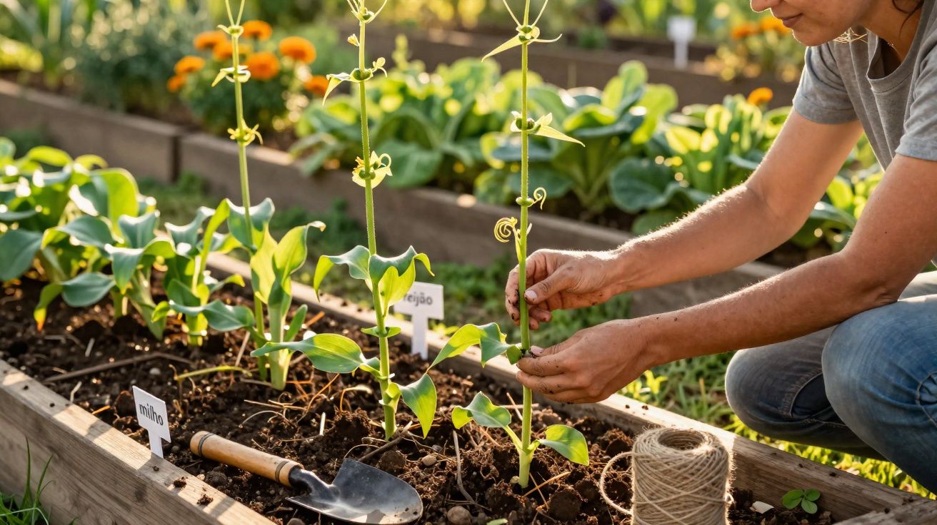 Pessoa a cuidar de plantas numa horta com canteiros de madeira e mudas de feijão e milho.