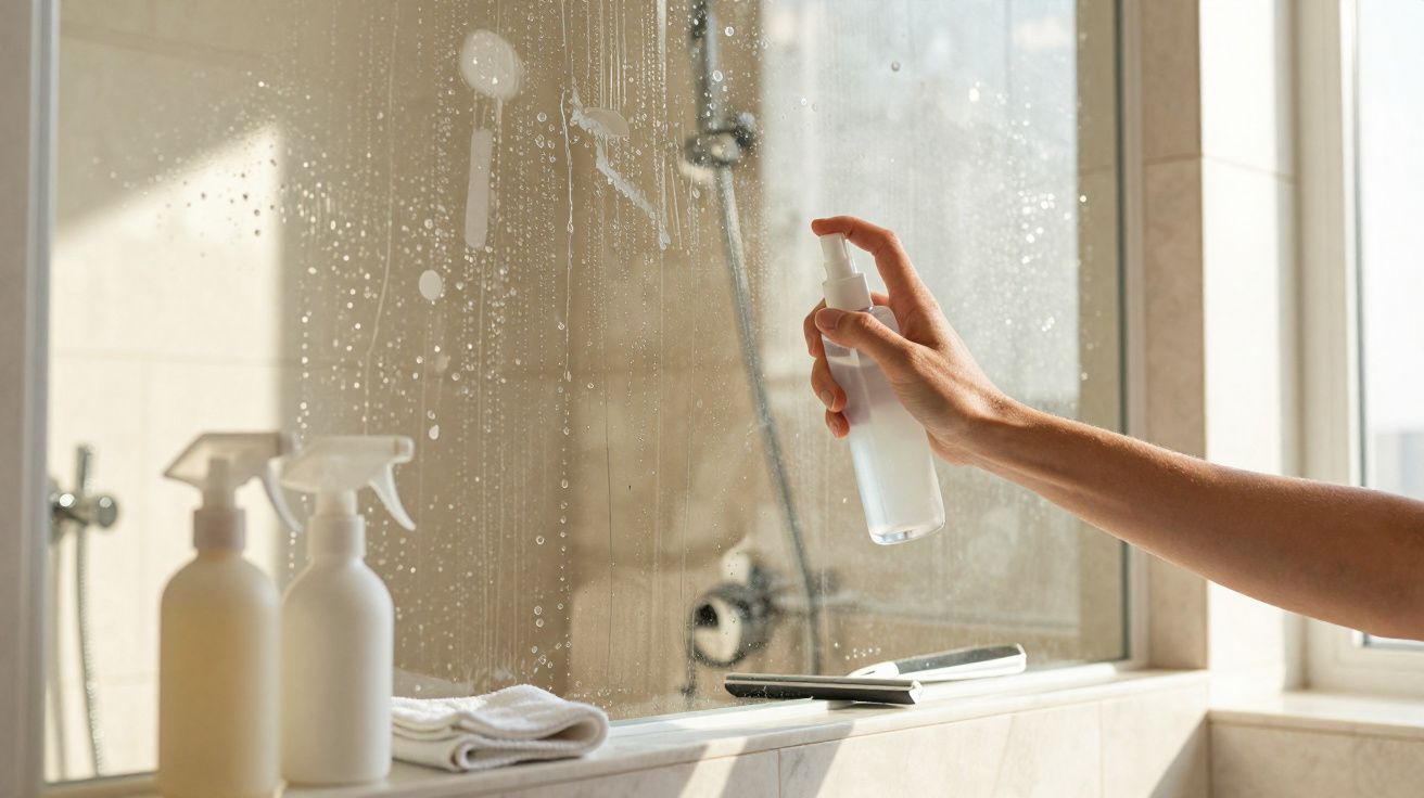 Pessoa a pulverizar líquido para limpar um espelho de casa de banho com dois frascos e toalha na bancada.