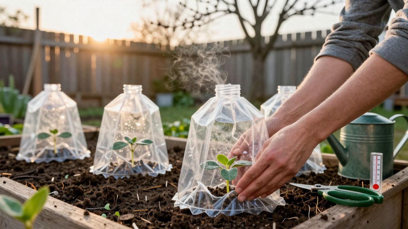 Mãos a proteger planta jovem com mini estufa plástica num canteiro de jardim ao pôr do sol.