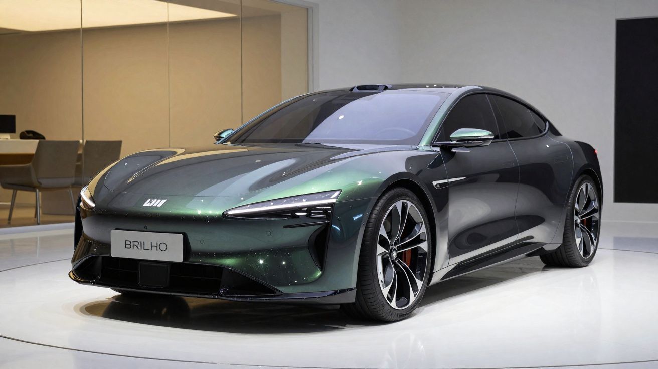 Carro elétrico desportivo verde escuro com design moderno em exposição num espaço interior.