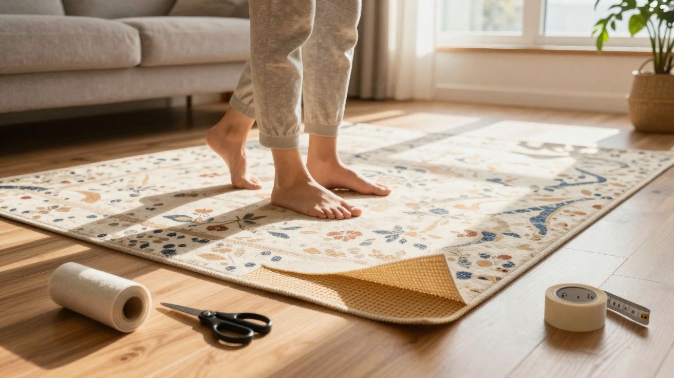 Pés descalços de criança em tapete florido em sala com sofá, janela e materiais de corte no chão.