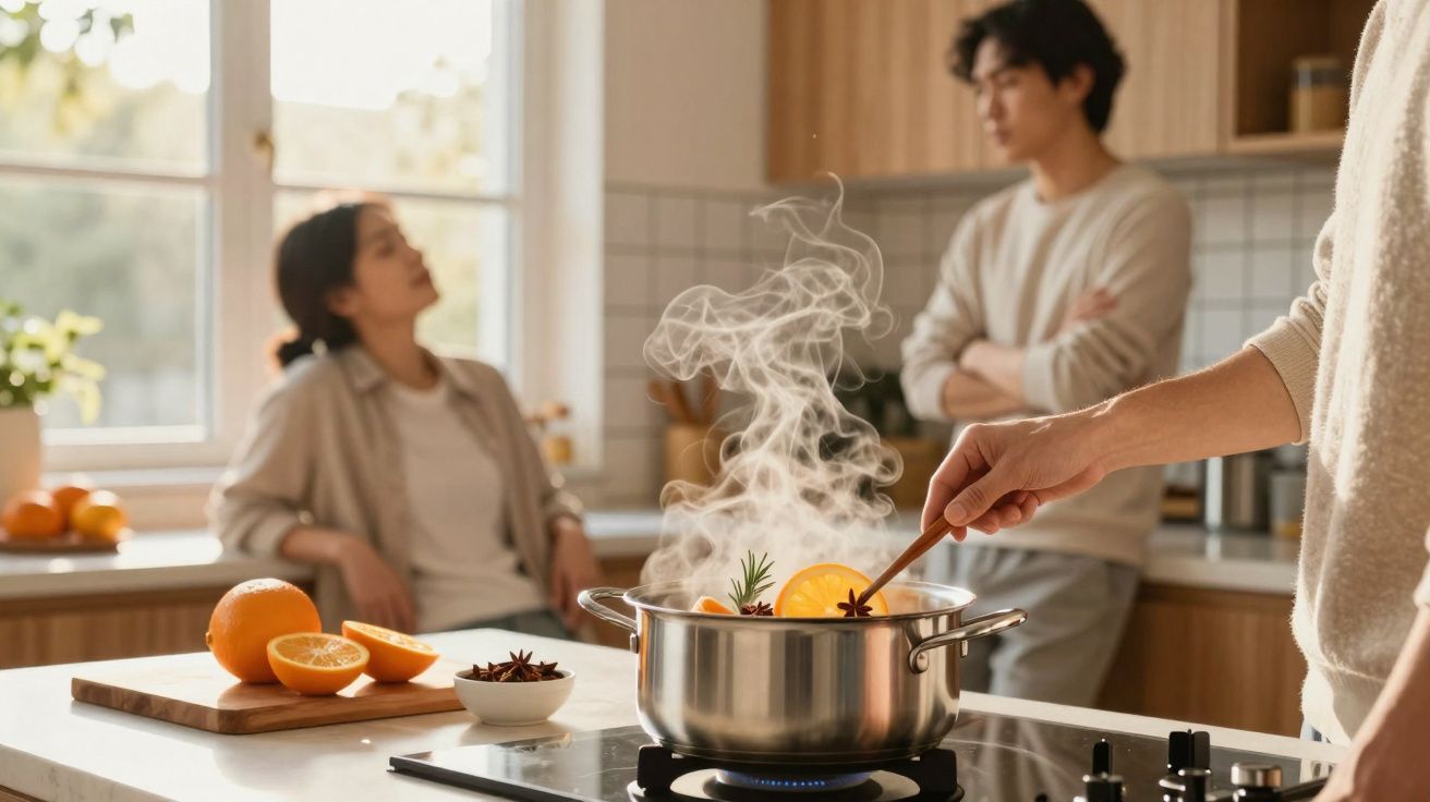 Pessoa a cozer uma panela com ingredientes aromáticos enquanto outras duas pessoas conversam numa cozinha moderna.