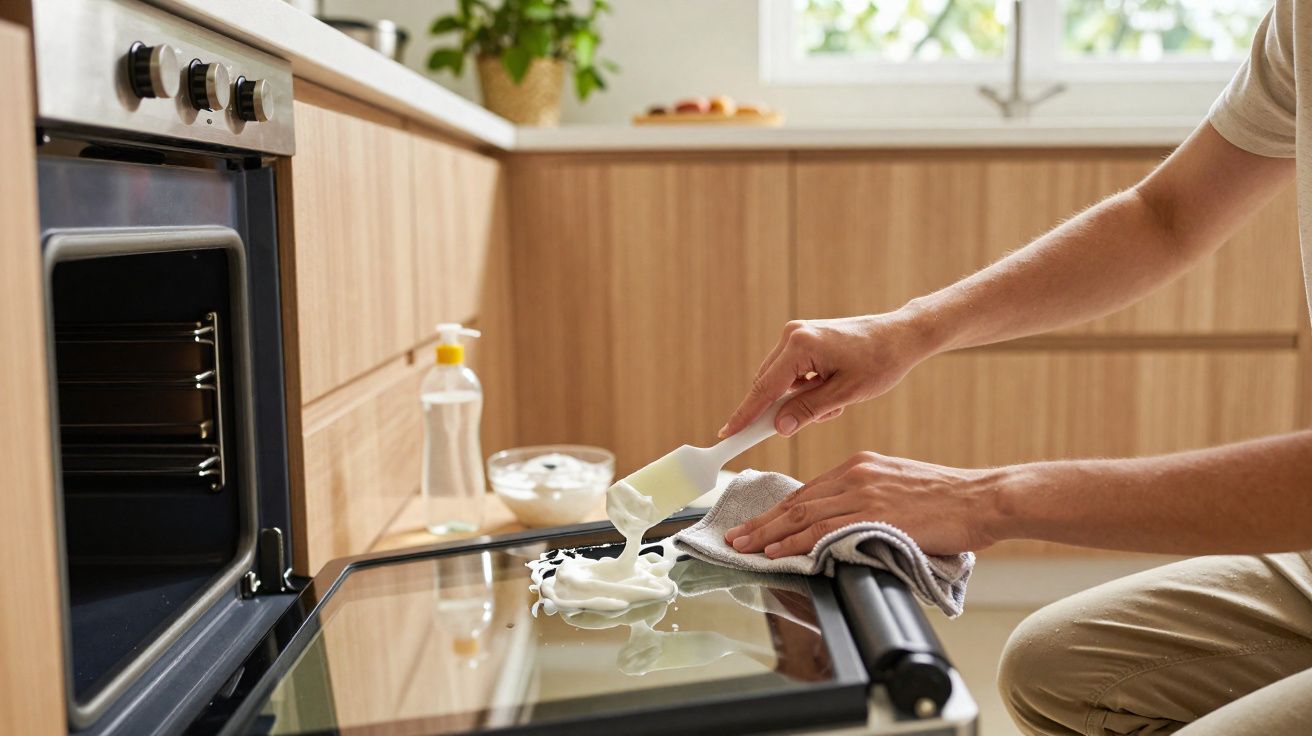 Pessoa a limpar porta do forno aberta com pano e espátula numa cozinha moderna com luz natural.