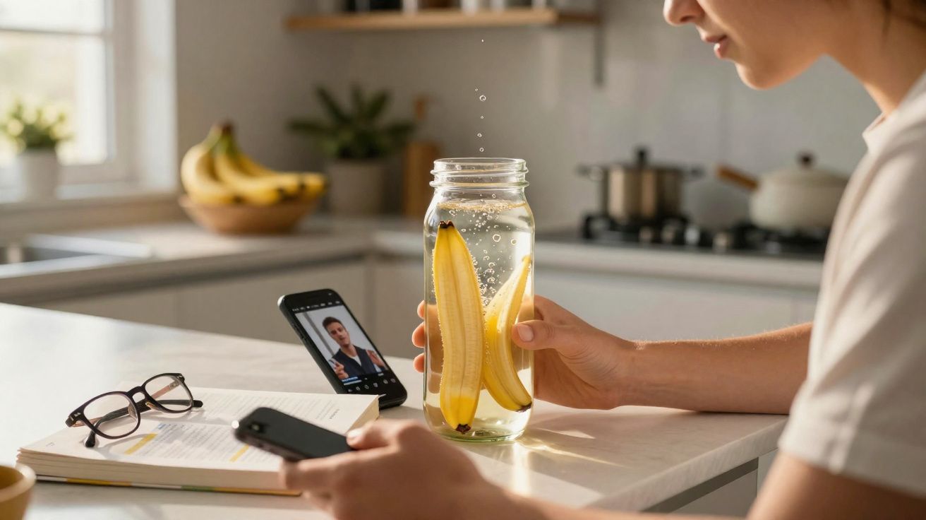 Pessoa segura jarro com banana em água, com telemóvel, óculos e livro numa cozinha moderna.
