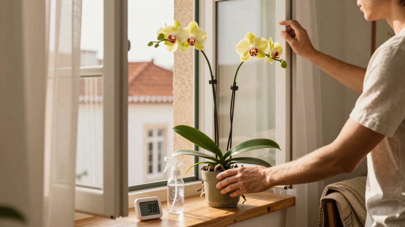 Pessoa junto a orquídea amarela numa janela aberta com termómetro e borrifador na superfície de madeira.
