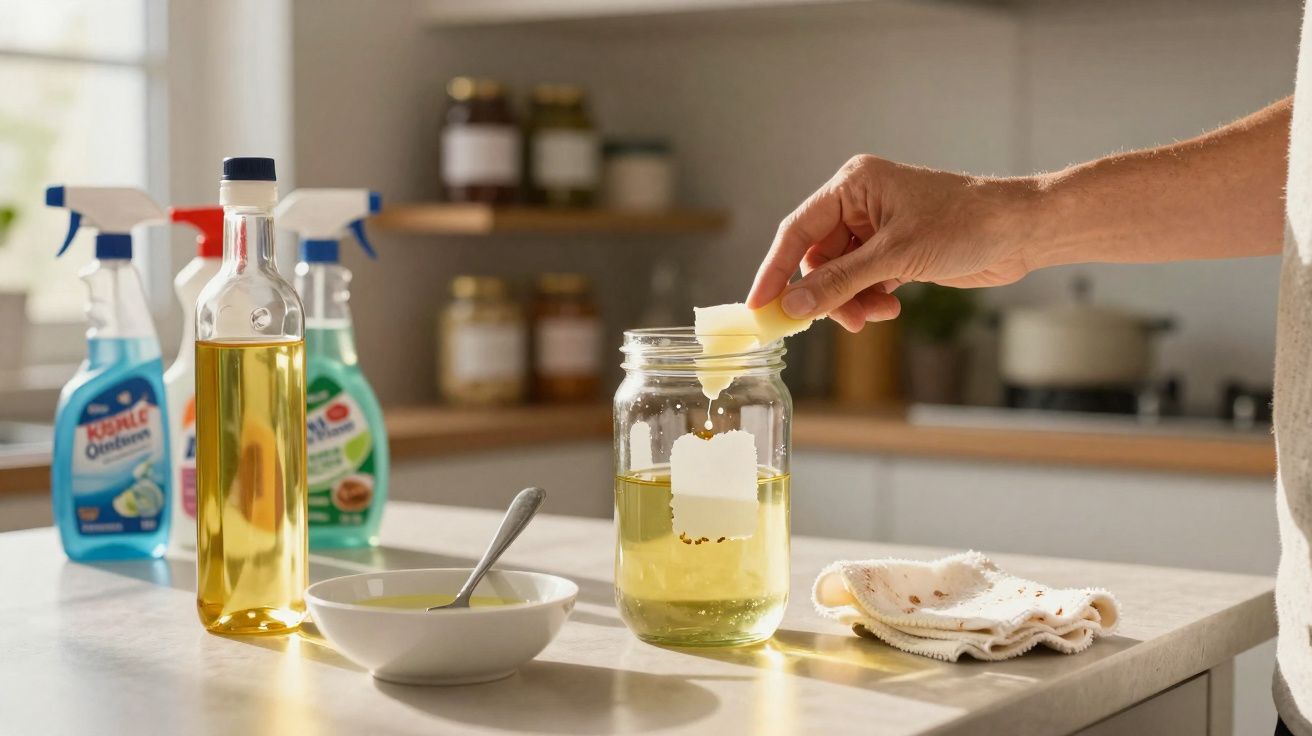 Mão a colocar uma pastilha efervescente num frasco com líquido amarelo num balcão de cozinha luminosa.