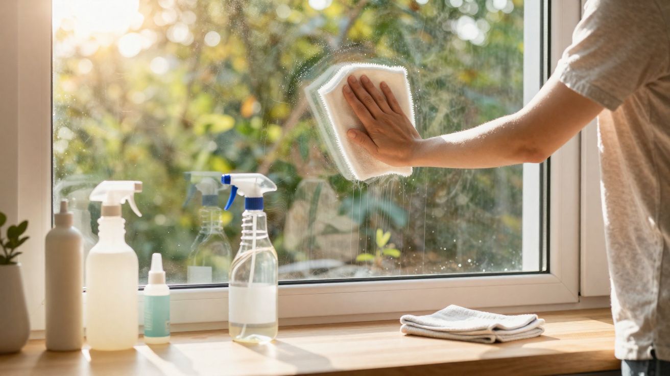 Pessoa a limpar vidraça de janela com pano branco e frascos de produtos de limpeza numa superfície de madeira.