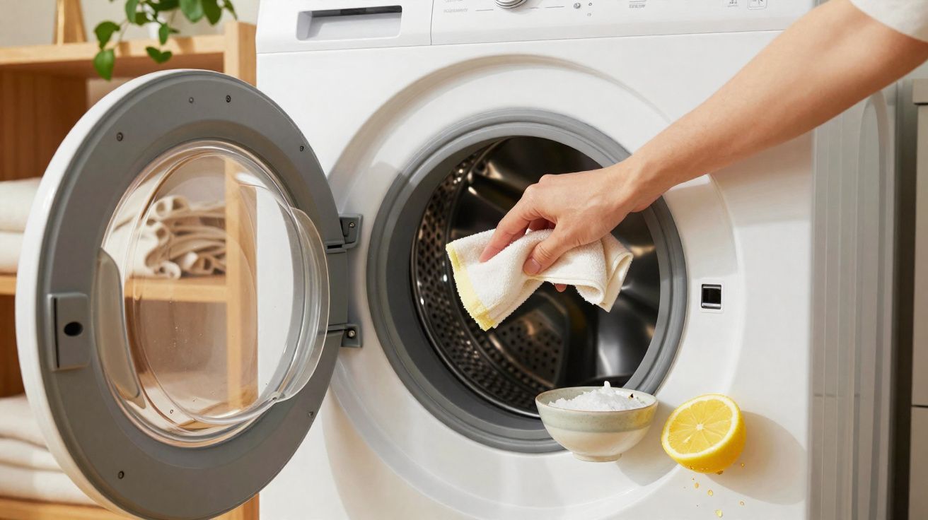 Mão a colocar um pano na máquina de lavar roupa com bicarbonato e meio limão ao lado da abertura.