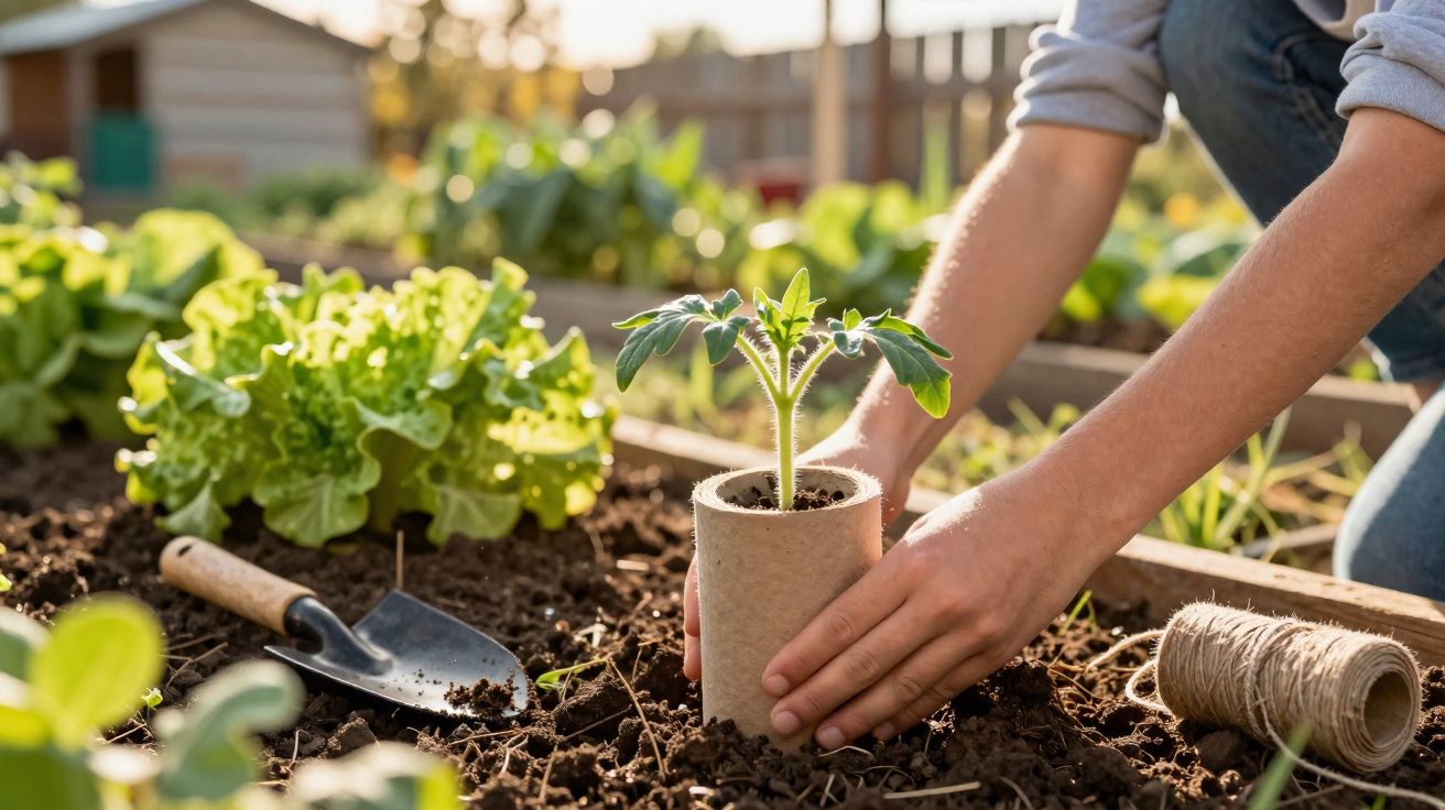 Pessoa a transplantar uma pequena planta para o solo num jardim ensolarado, com alface ao fundo.