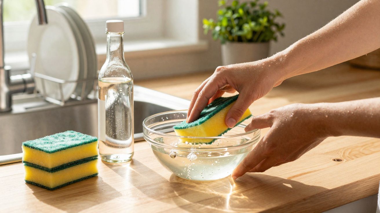 Mãos a ensaboar uma esponja amarela e verde numa tigela transparente com líquido de limpeza numa cozinha iluminada.