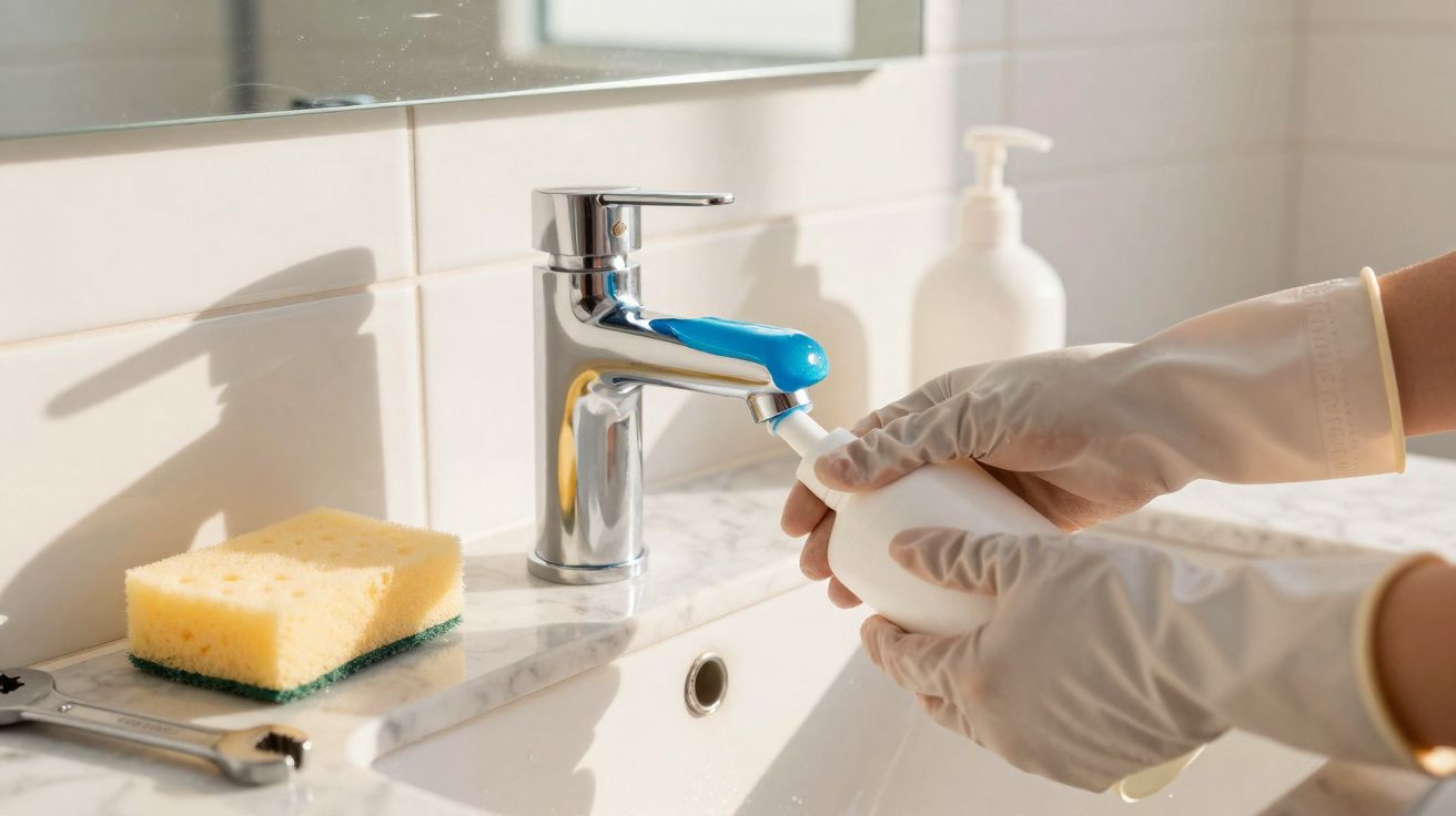 Mãos com luvas de limpeza a pousar produto líquido num lavatório com esponja e torneira cromada.