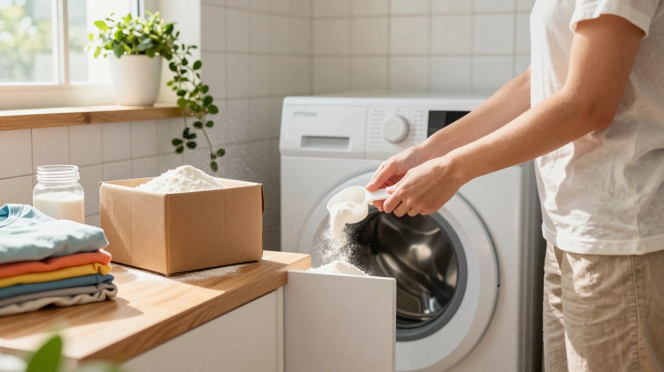 Pessoa a colocar detergente em pó na gaveta da máquina de lavar roupa, com roupa dobrada e planta na janela.