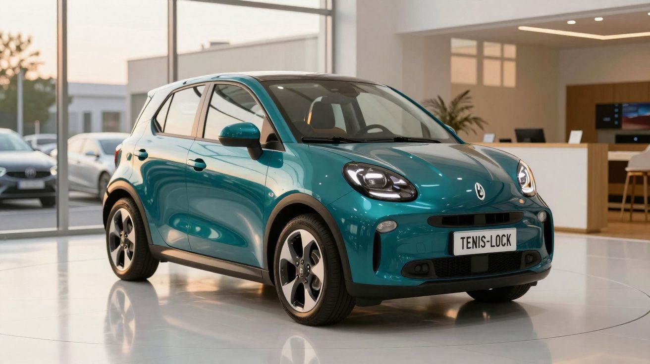 Carro elétrico compacto azul exposto em espaço moderno com grandes janelas e luz natural.