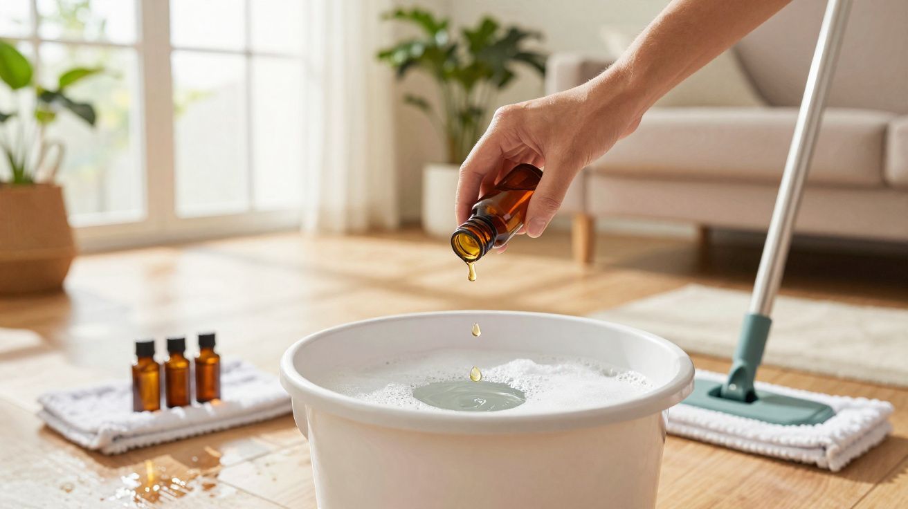 Pessoa a colocar óleo essencial ou produto de limpeza num balde com água para limpar chão dentro de casa.