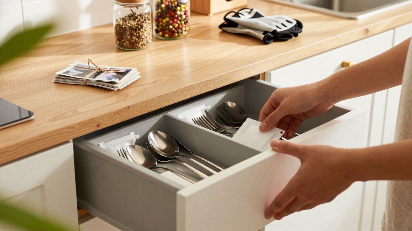 Pessoa a arrumar um pacote de cápsulas num organizador de talheres numa gaveta de cozinha branca.