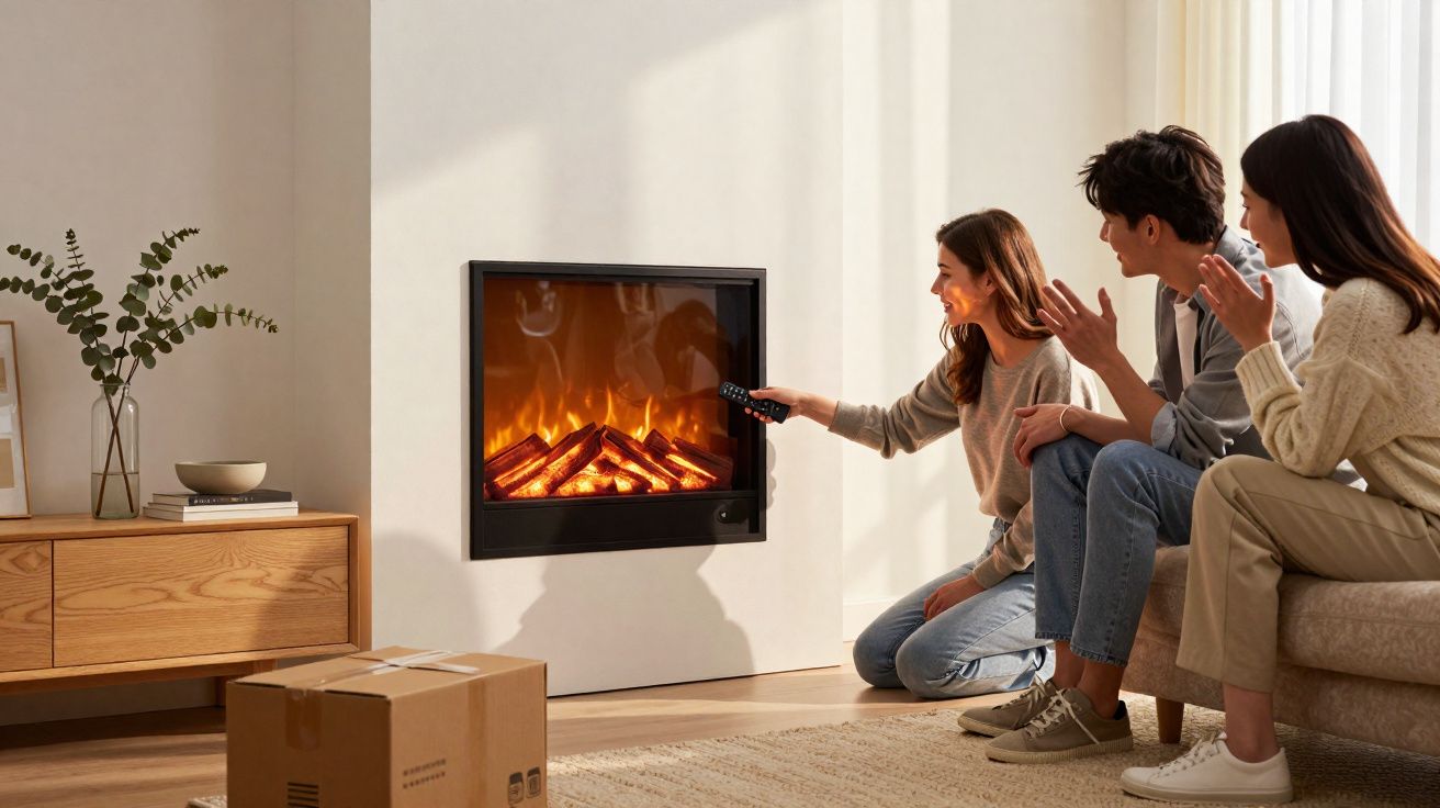 Três pessoas numa sala moderna a ligar uma lareira elétrica embutida na parede, com caixa de cartão no chão.