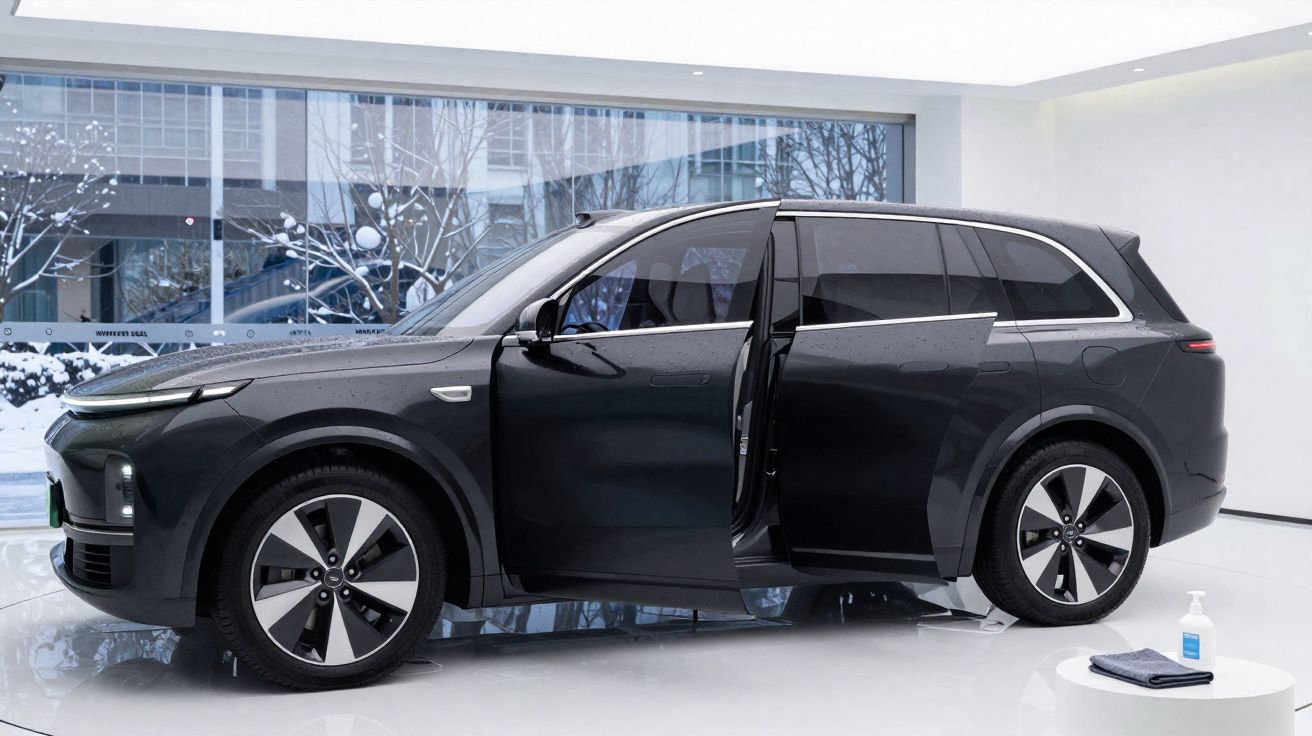 Carro SUV preto com portas dianteira e traseira abertas exposto numa sala moderna e minimalista.