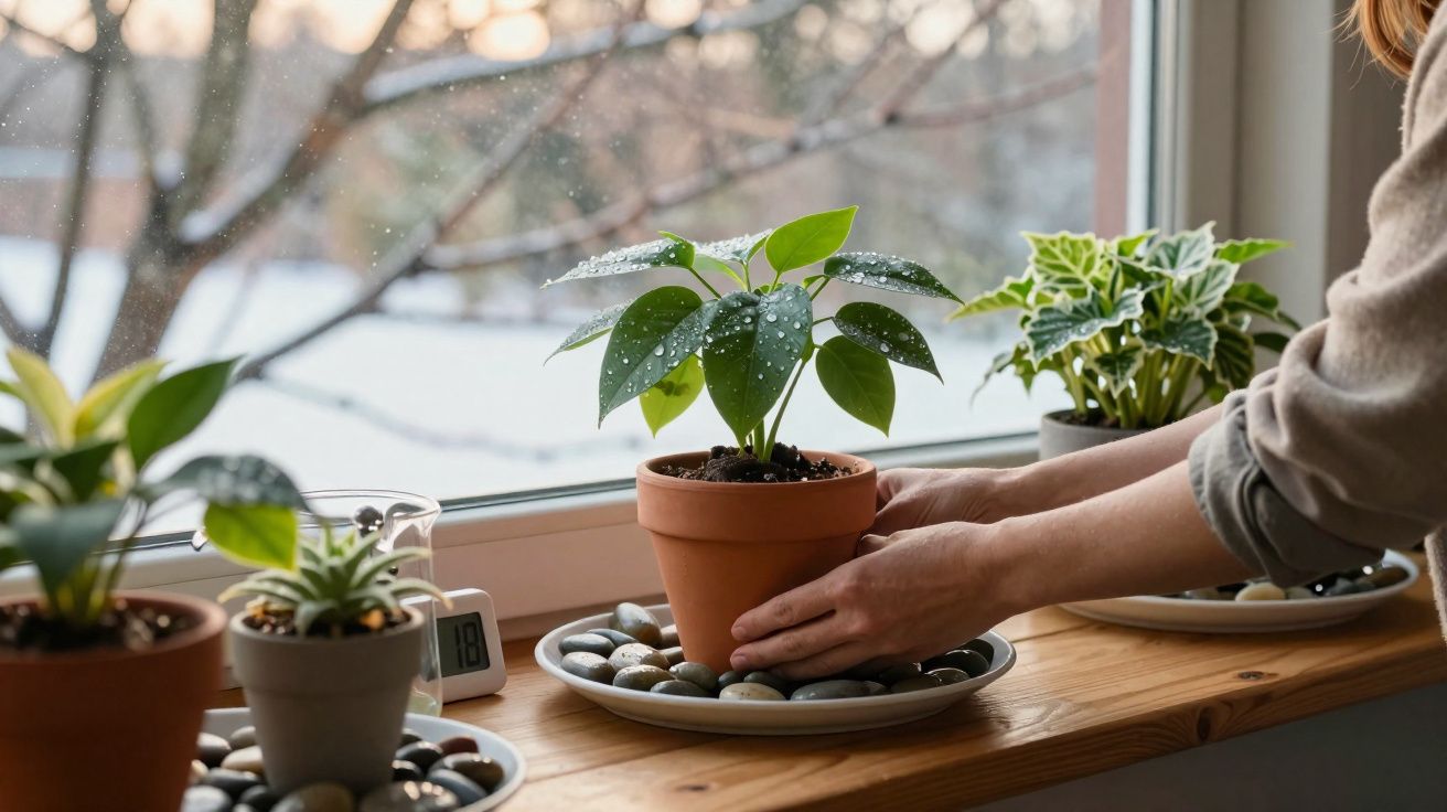 Mãos a arranjar vaso de planta com gotas de água numa janela com outras plantas em pratos com pedras.