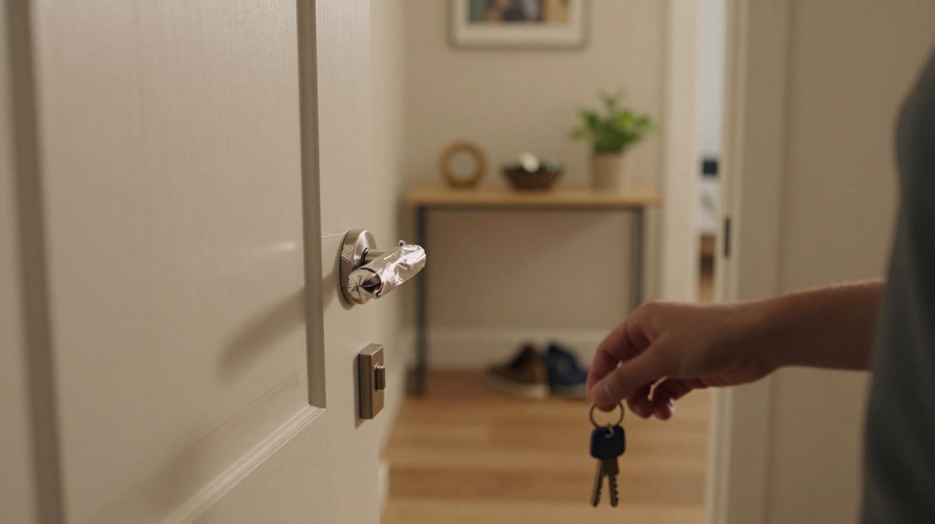 Mão a segurar chaves perto de maçaneta coberta com papel de alumínio numa porta interior de casa.