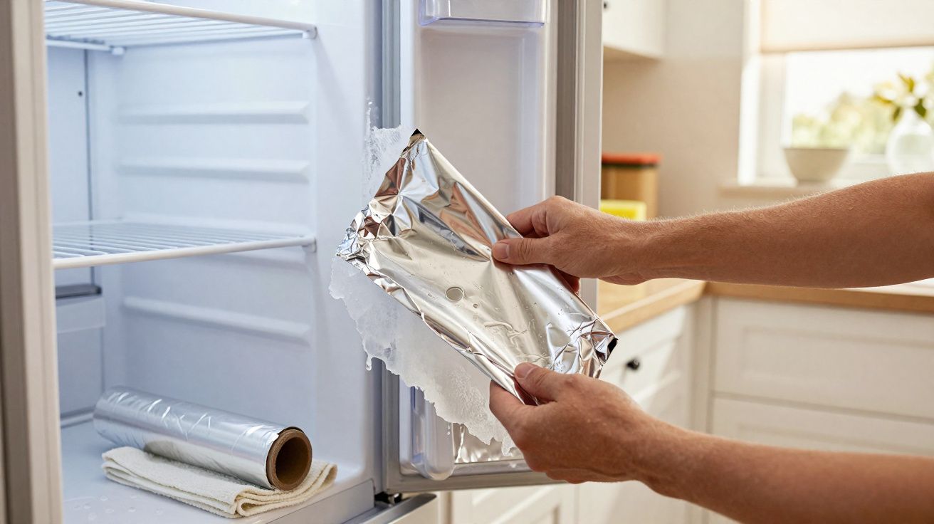 Mãos a limpar gelo acumulado na porta do frigorífico com folha de alumínio na cozinha iluminada.