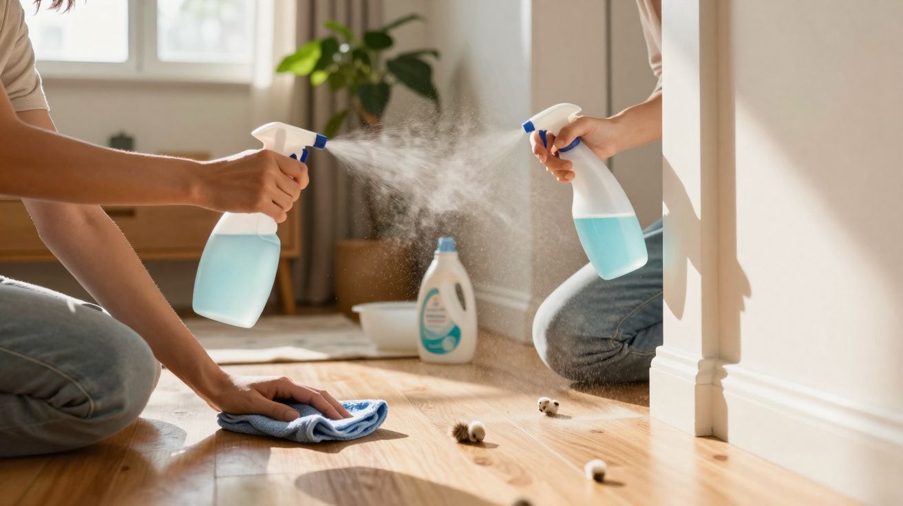 Duas pessoas a limpar um chão de madeira com pulverizadores e pano num ambiente iluminado por luz natural.