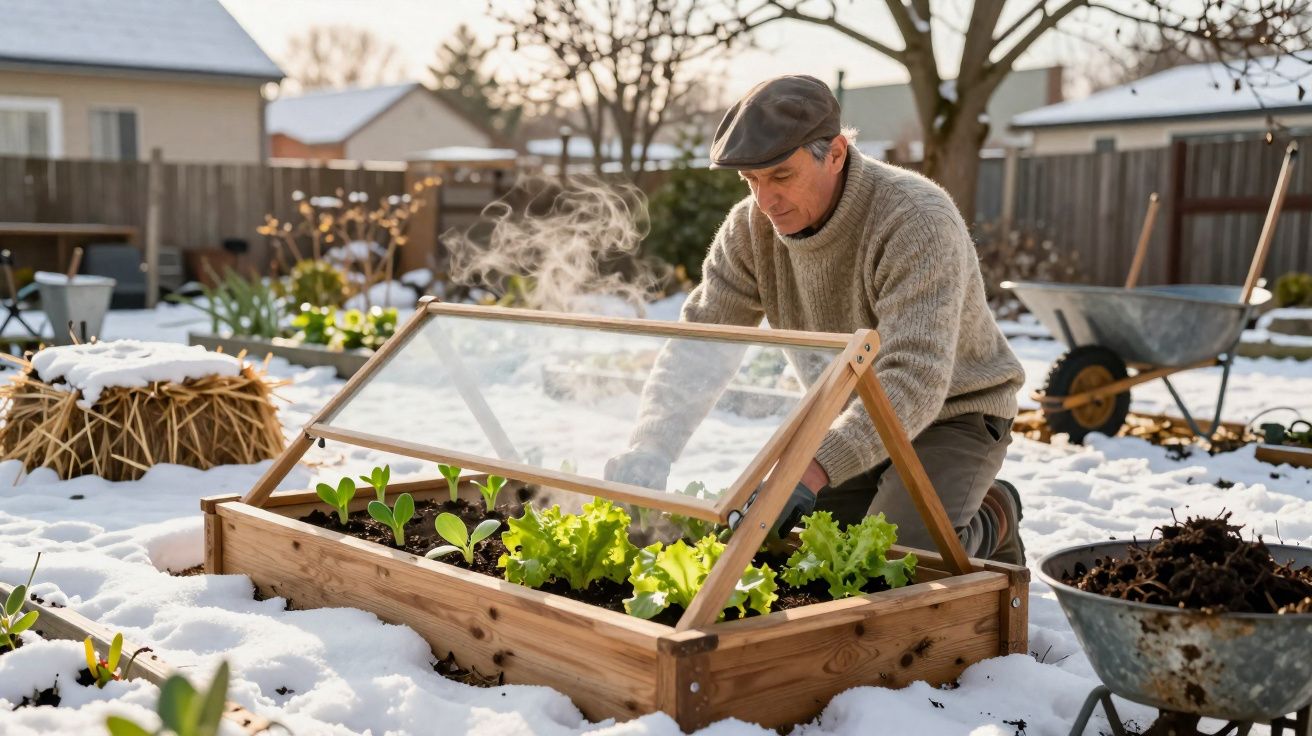 Homem a cuidar de estufa de madeira com plantas verdes na neve num jardim residencial.
