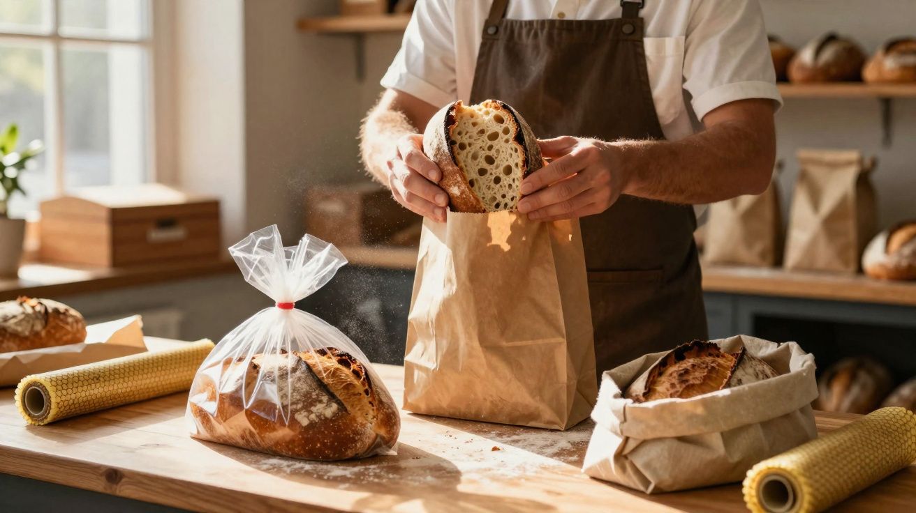 Pessoa a embrulhar pão caseiro numa papelaria numa padaria tradicional com luz natural.