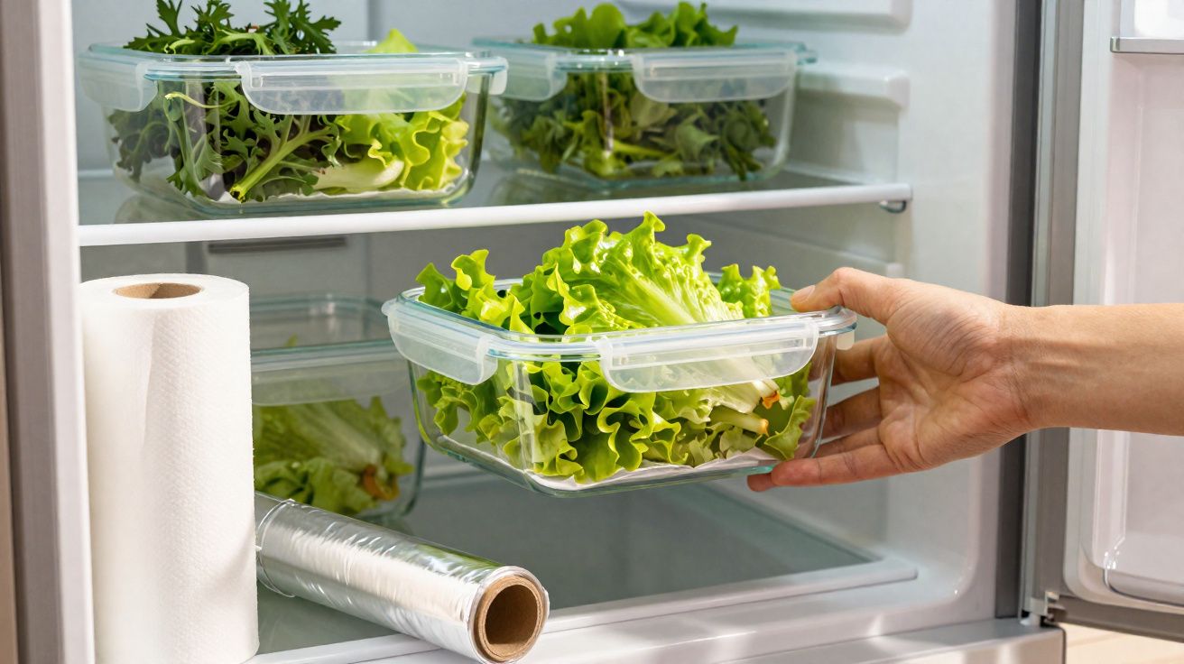 Mão a guardar caixa de plástico com alface fresca na porta de frigorífico com várias caixas semelhantes.