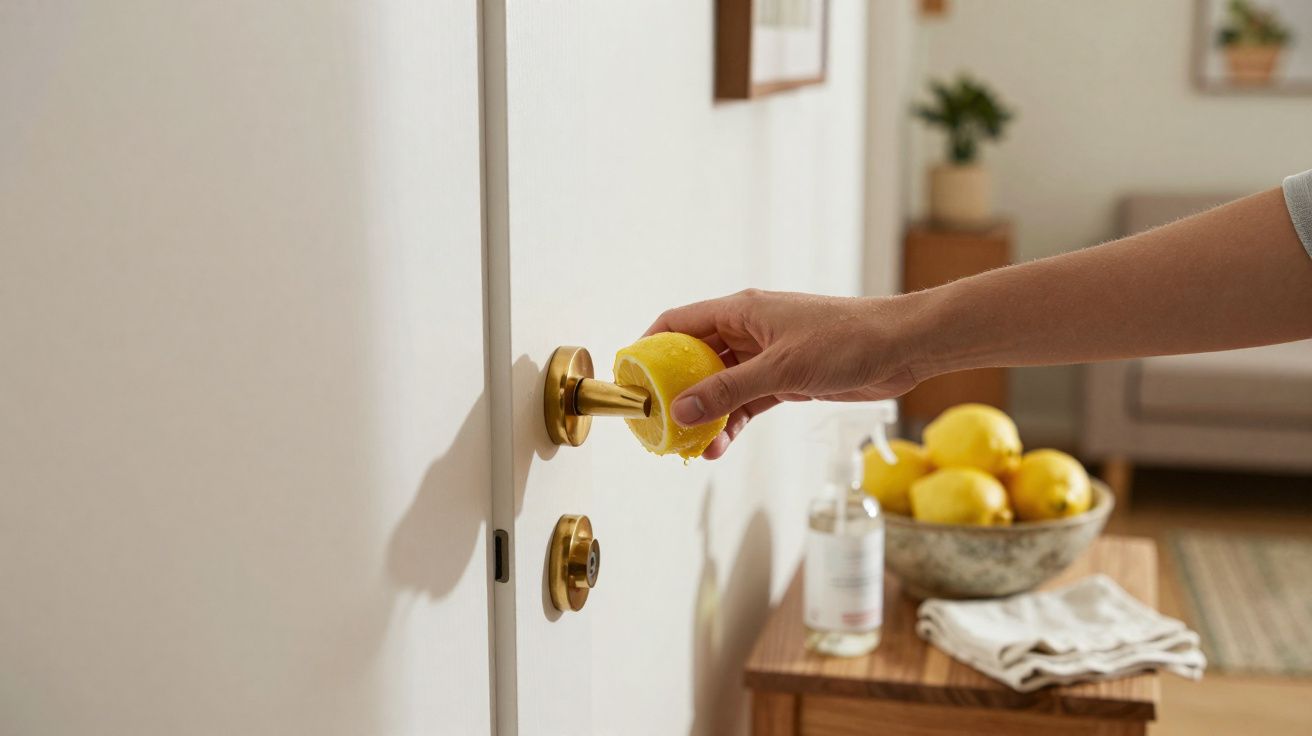 Mão a limpar botão da porta com meio limão num ambiente doméstico iluminado.