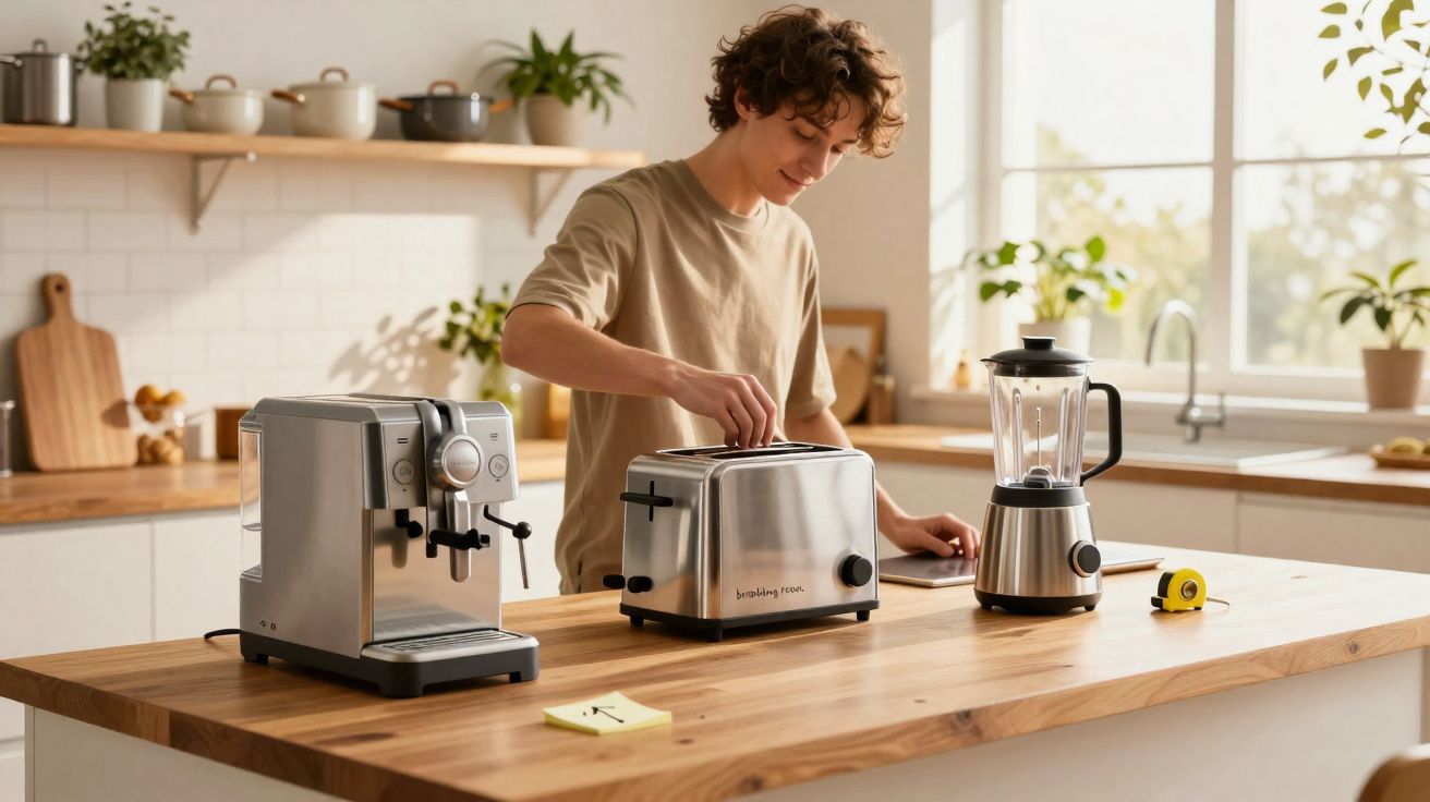 Jovem a colocar pão na torradeira numa cozinha moderna com máquina de café e liquidificador na bancada.