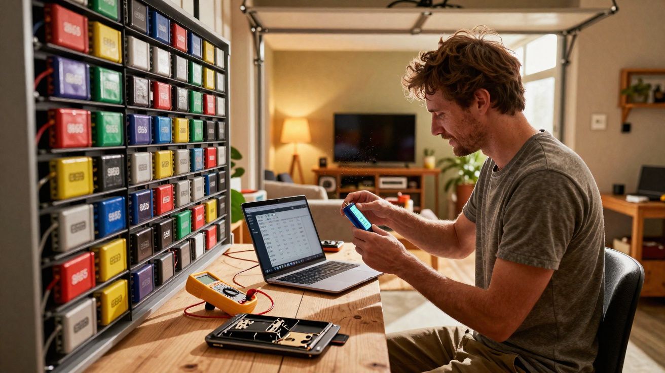 Homem sentado a analisar bateria azul em mesa com portátil e ferramentas num ambiente doméstico.