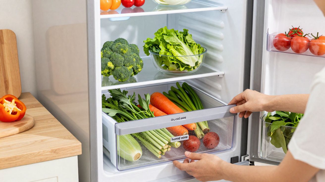 Mãos abrem gaveta do frigorífico com legumes frescos como cenouras, aipo, alface e tomates.