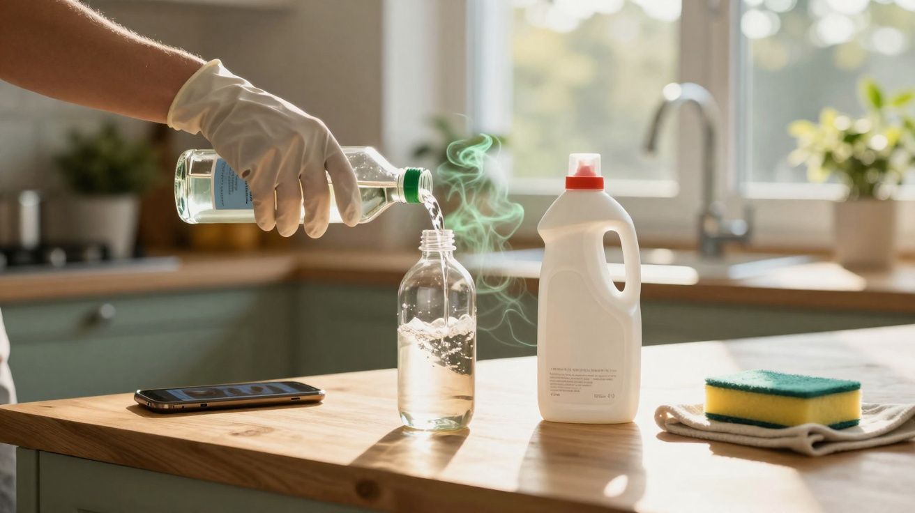 Pessoa com luva a verter líquido de uma garrafa de vidro para outra numa cozinha iluminada.