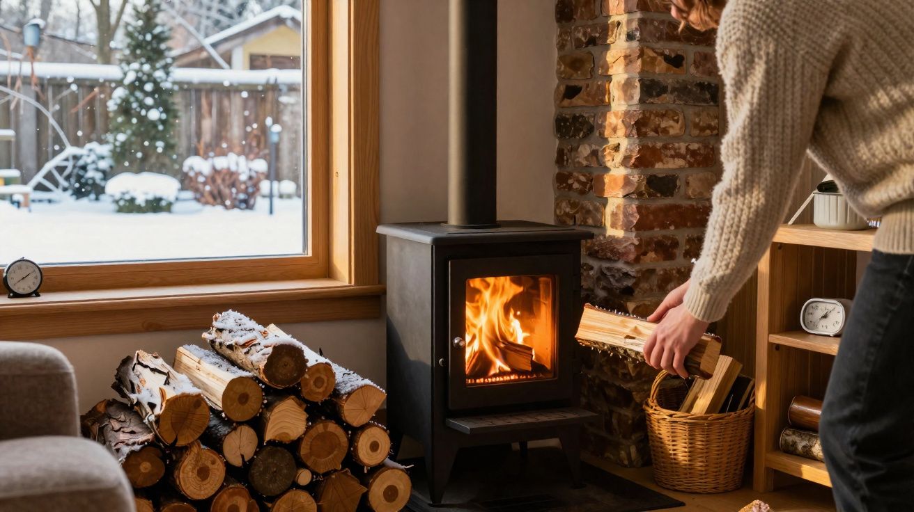 Pessoa a colocar lenha numa salamandra acesa numa sala com janela para paisagem de neve.