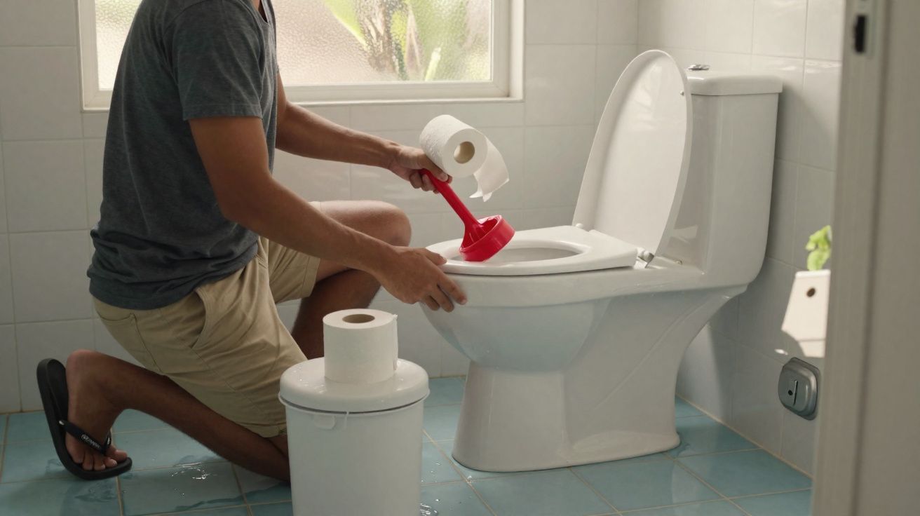 Homem a desentupir sanita com um desentupidor vermelho numa casa de banho com azulejos azuis.