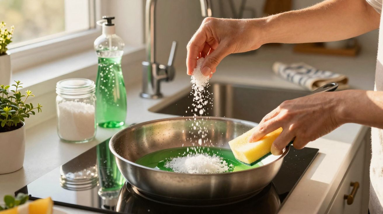 Mãos a adicionar sal grosso numa frigideira com esponja verde numa cozinha moderna iluminada.