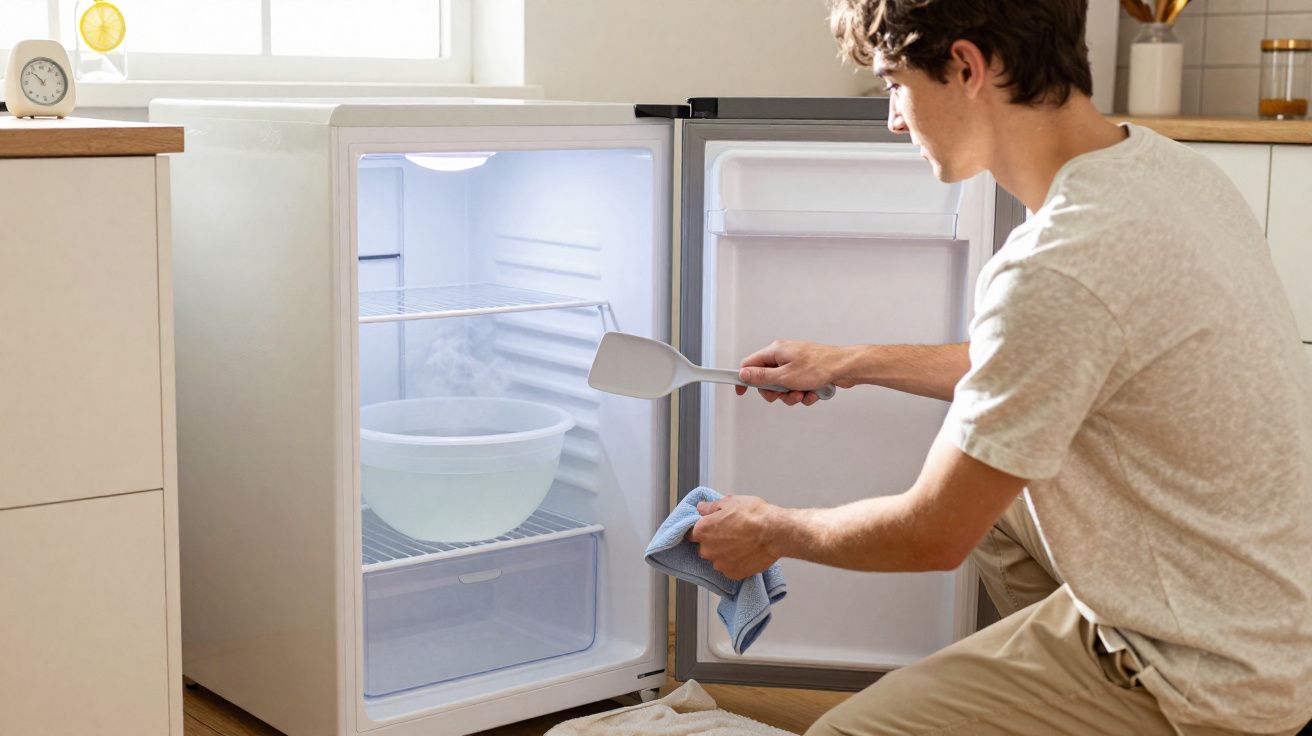 Homem a descongelar frigorífico pequeno com espátula e pano numa cozinha luminosa.