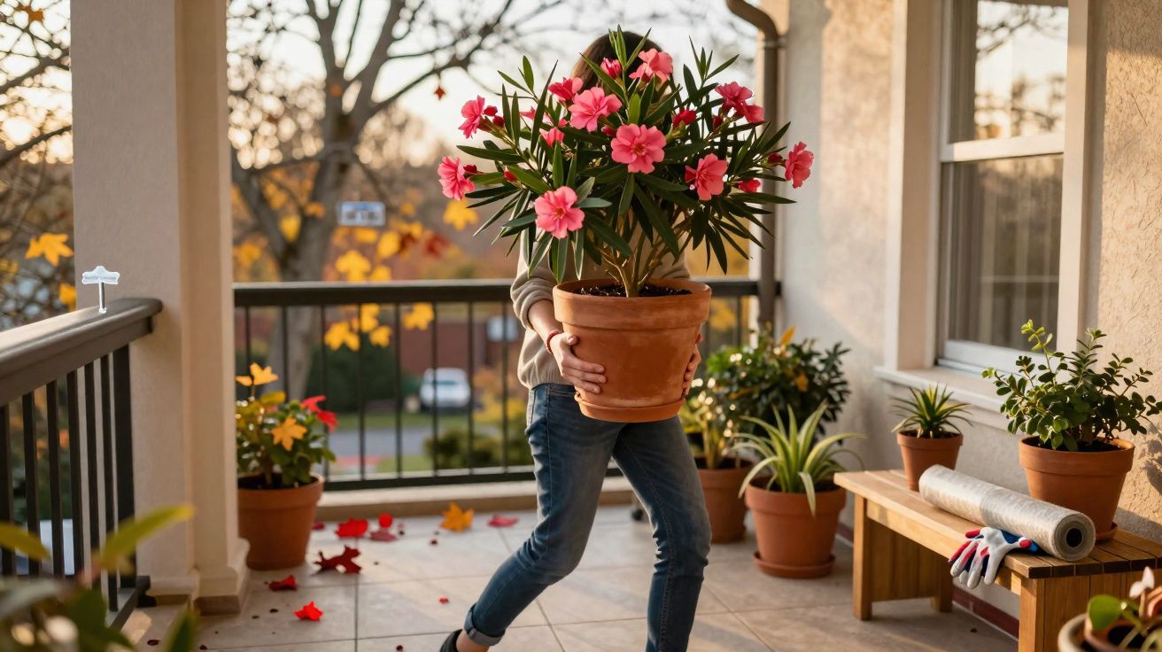 Pessoa a transportar vaso de flores cor-de-rosa num terraço com várias plantas e folhas caídas.