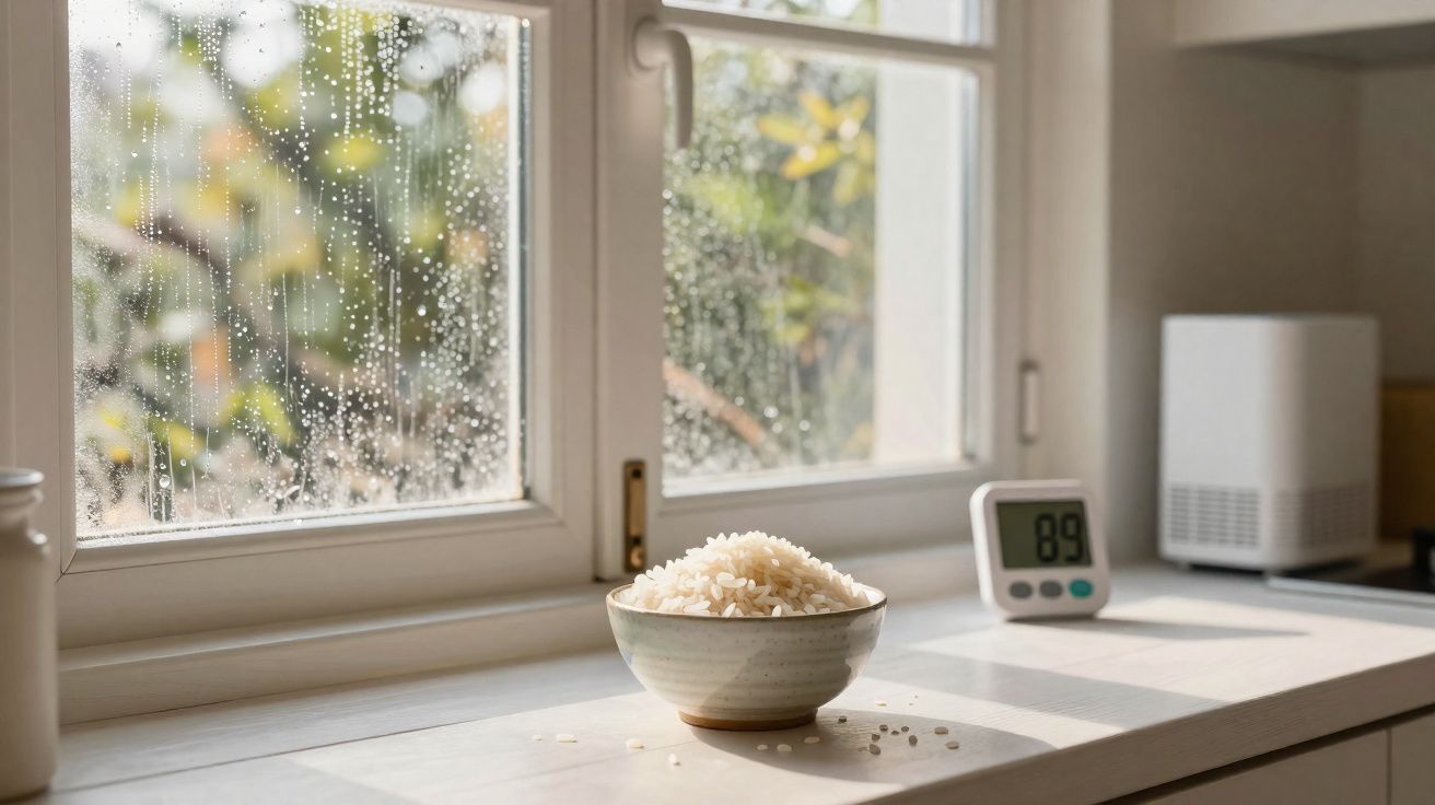 Tigela com arroz ao sol numa secretária junto a uma janela com gotas de chuva.
