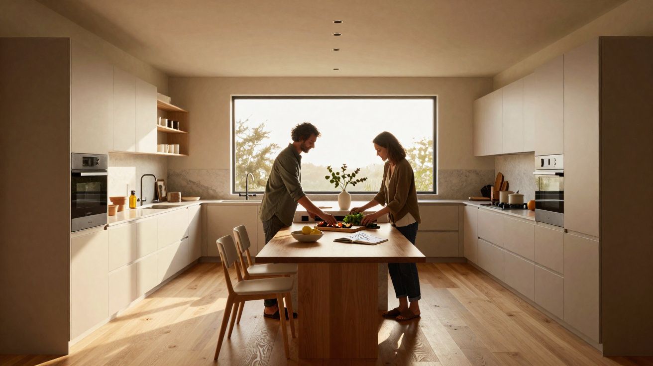 Casal prepara refeição numa cozinha moderna com ilha, armários claros e janela grande ao fundo.