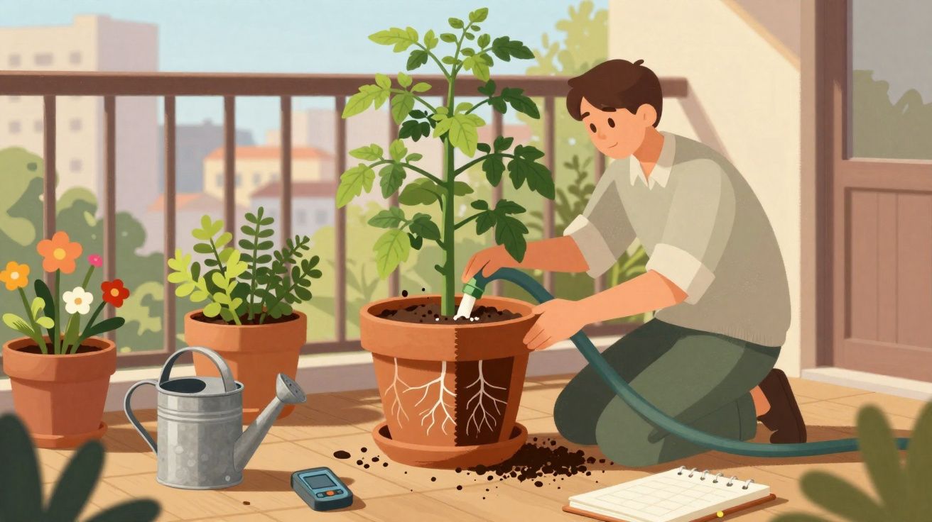 Homem a regar planta num vaso grande com várias plantas ao redor na varanda de um apartamento.